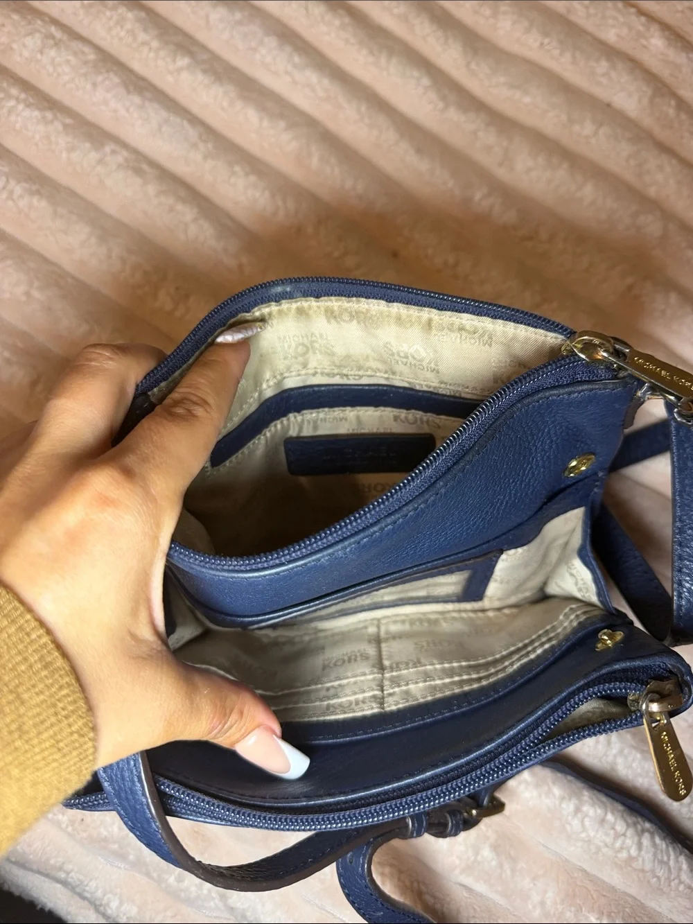 Michael Kors Navy Pebbled Leather Crossbody with Gold MK Emblem